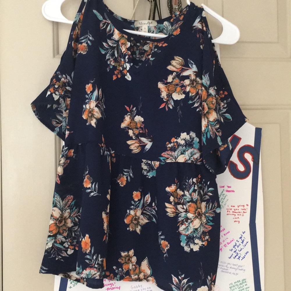 Navy floral cold shoulder blouse